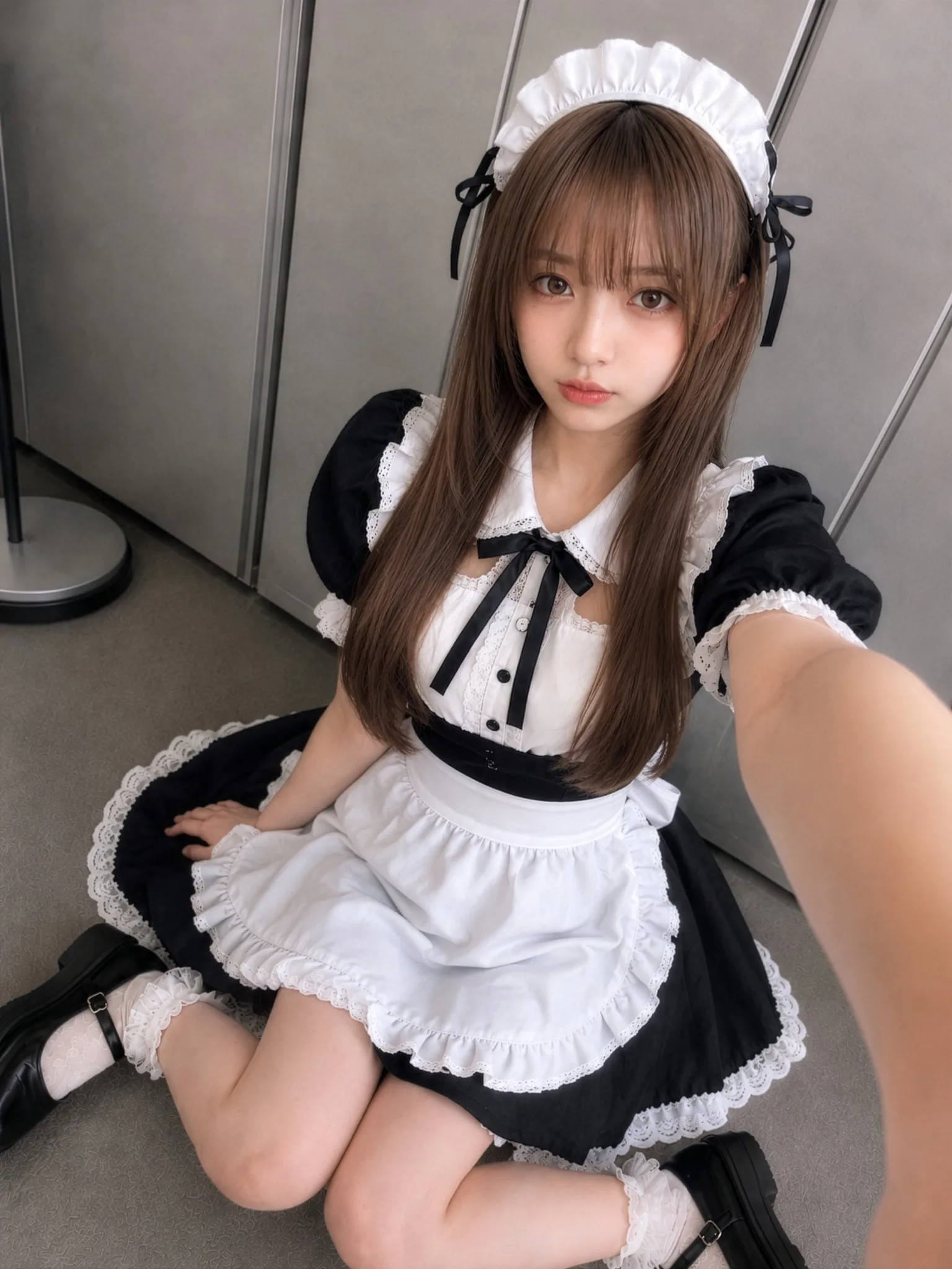 床に座ったメイド服のコスプレ